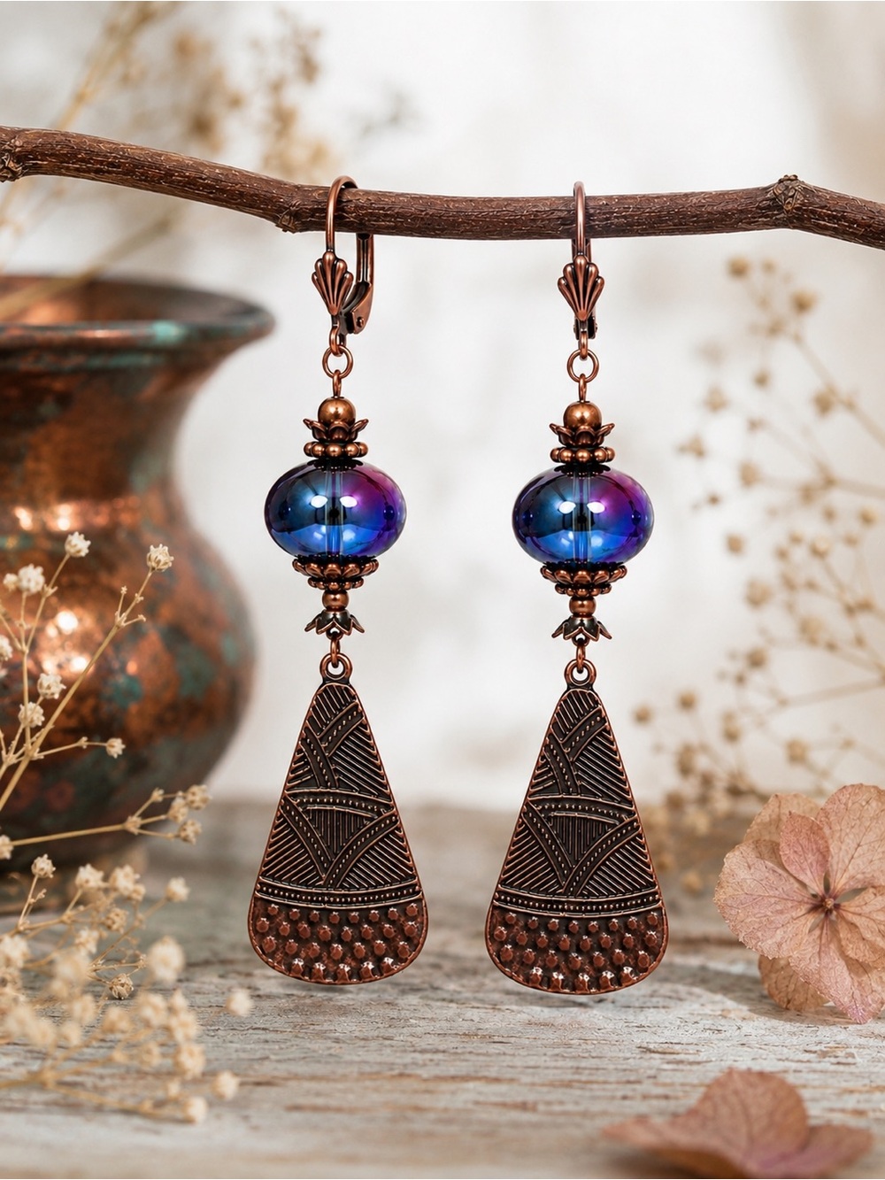 Copper Aurora Glass Boho Dangle Earrings, Etched Artisan Statement Jewelry
